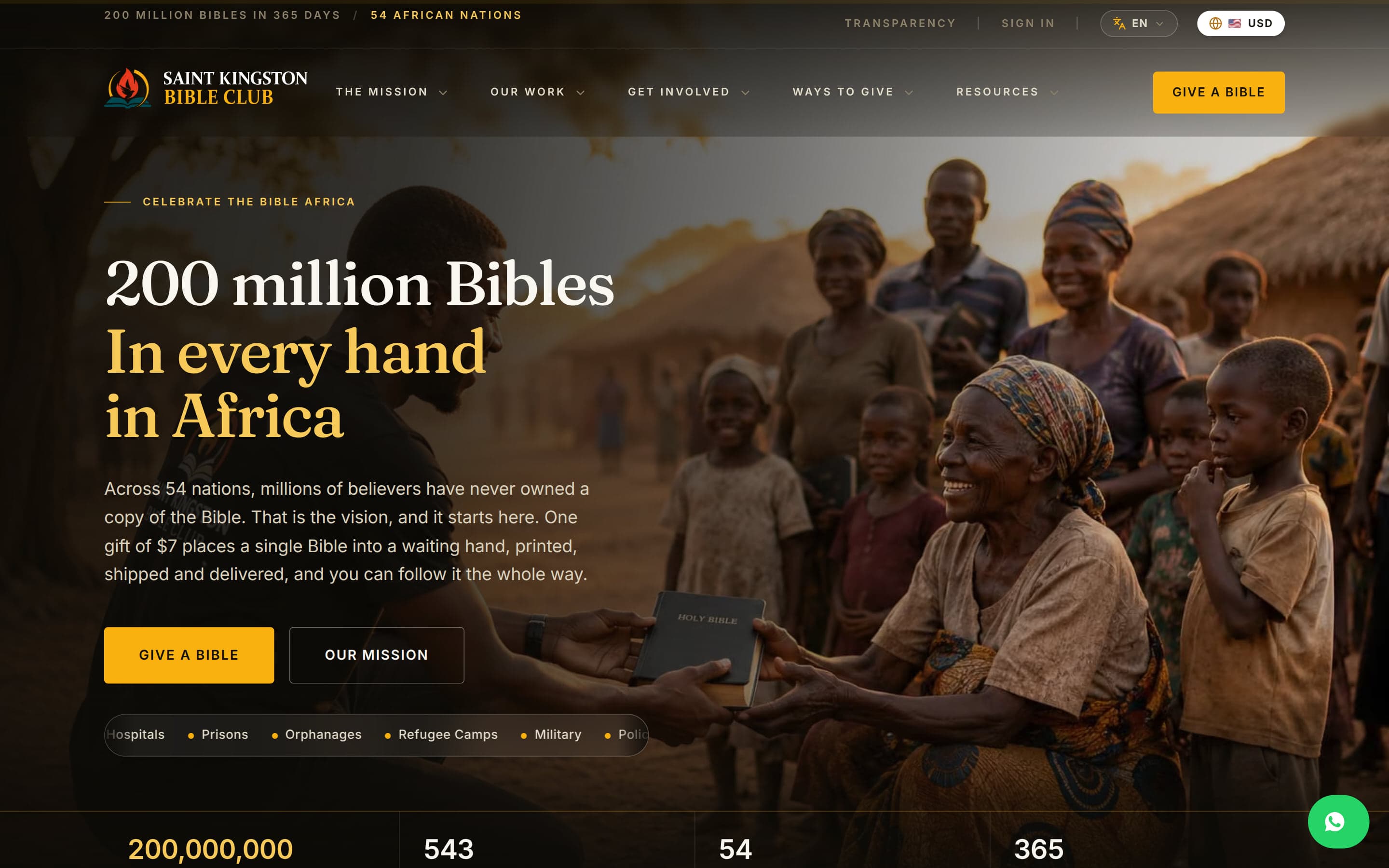 The Celebrate The Bible Africa homepage: the headline “200 million Bibles — In every hand in Africa” over a photograph of a Bible being handed to an older woman in a village, with Give a Bible and Our Mission buttons.